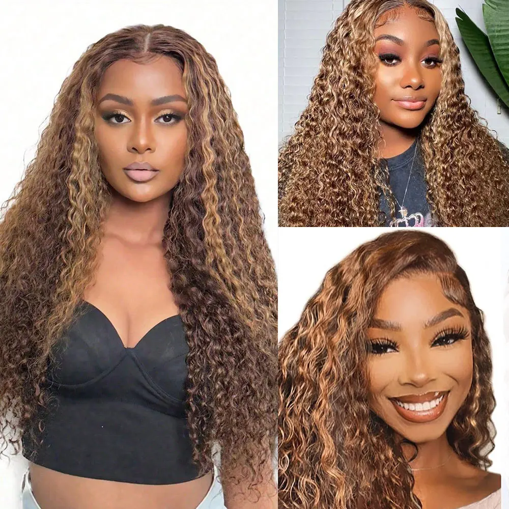 Highlight Water Wave Bundles Human Hair Ombre Brown Hair Highlight Honey Blonde Human Bundles 1 3 4 Pcs Wet and Wavy Weave human hair extensions human hair bundles human hair weave