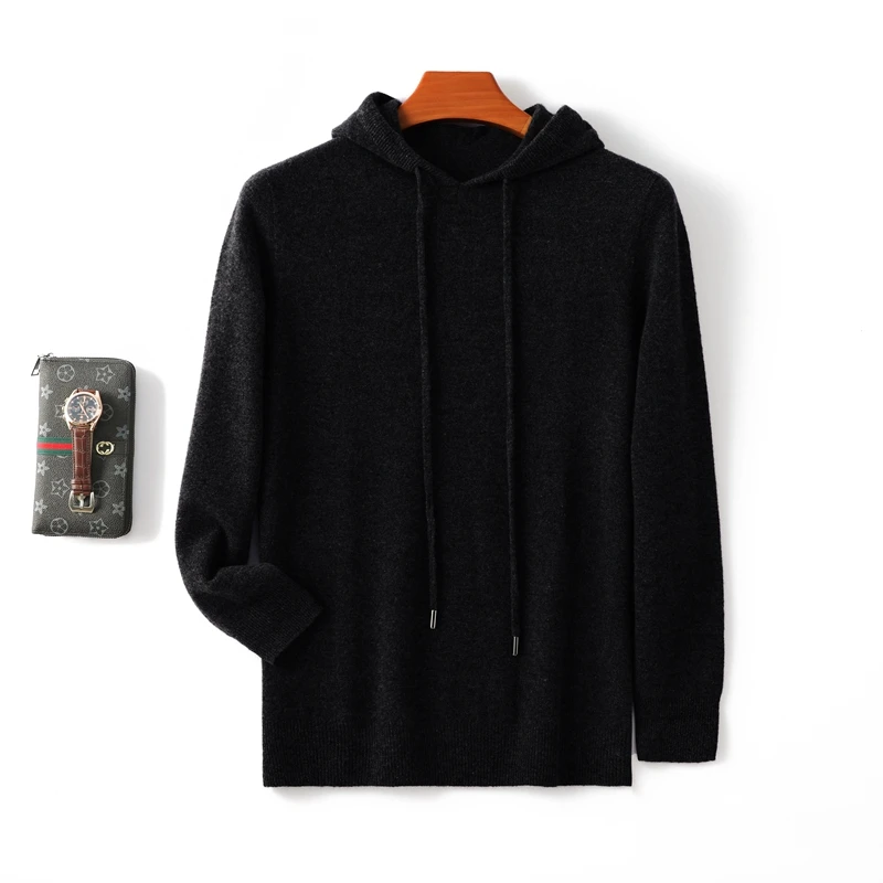 Autumn and winter cashmere sweater men's hooded loose sweater 100% pure wool solid color bottoming sweater 4