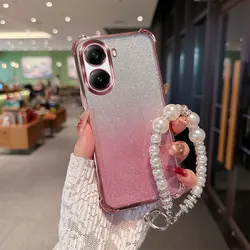 Gradient Glitter Shockproof TPU Phone Case with Luxury Pearl Chain Wrist Strap for Oppo A6t 4G (Pink)