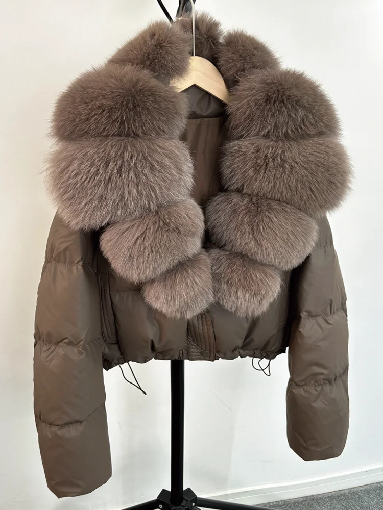 Janveny Large Natural Fox Fur Collar 90% White Duck Down Jacket Women Winter Short Waterproof PU Puffer Coat Female Thick Parkas 2