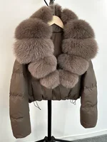 Janveny Large Natural Fox Fur Collar 90% White Duck Down Jacket Women Winter Short Waterproof PU Puffer Coat Female Thick Parkas 2