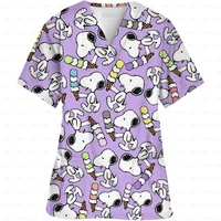 Surgical Wear Work Clothes Cartoon Snoopy print Hand Washing Nurse Uniform Women's V Neck Short Sleeve T-Shirt Tops 1