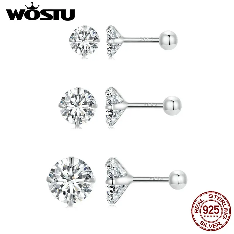 WOSTU Hot Sale Real 925 Sterling Silver White zircon Earrings Screw Ear Studs for Women Party S925 Silver Jewelry Gift FIE1646