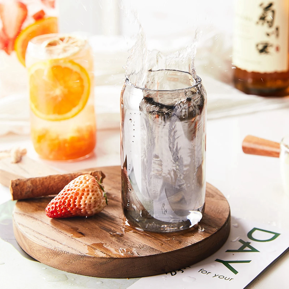 Strawberry Can Glass Cup w/Bamboo Lid & Straw