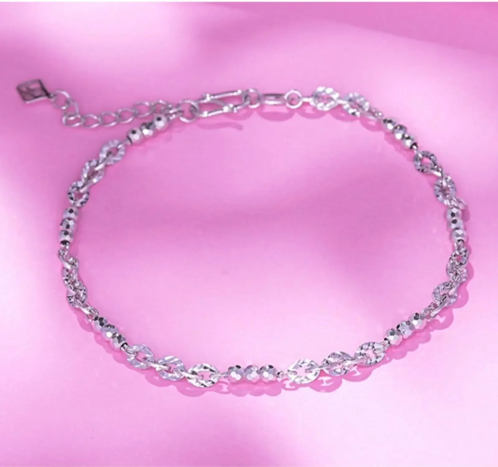 

Real PT950 Pure Platinum 950 Chain Women Laser Bead Carved Oval Link Bracelet 4.1g