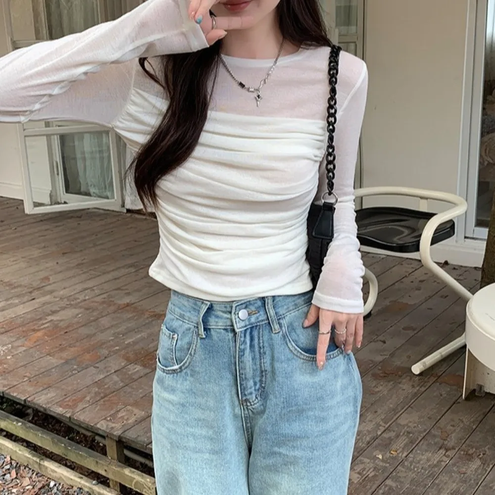 Description Picture 5 of itemLong Sleeve Slim Long Sleeve T-shirt Streetwear Wrinkle Shape Women Thin Tops Versatile Slim Fit Korean Style Crop Top Party