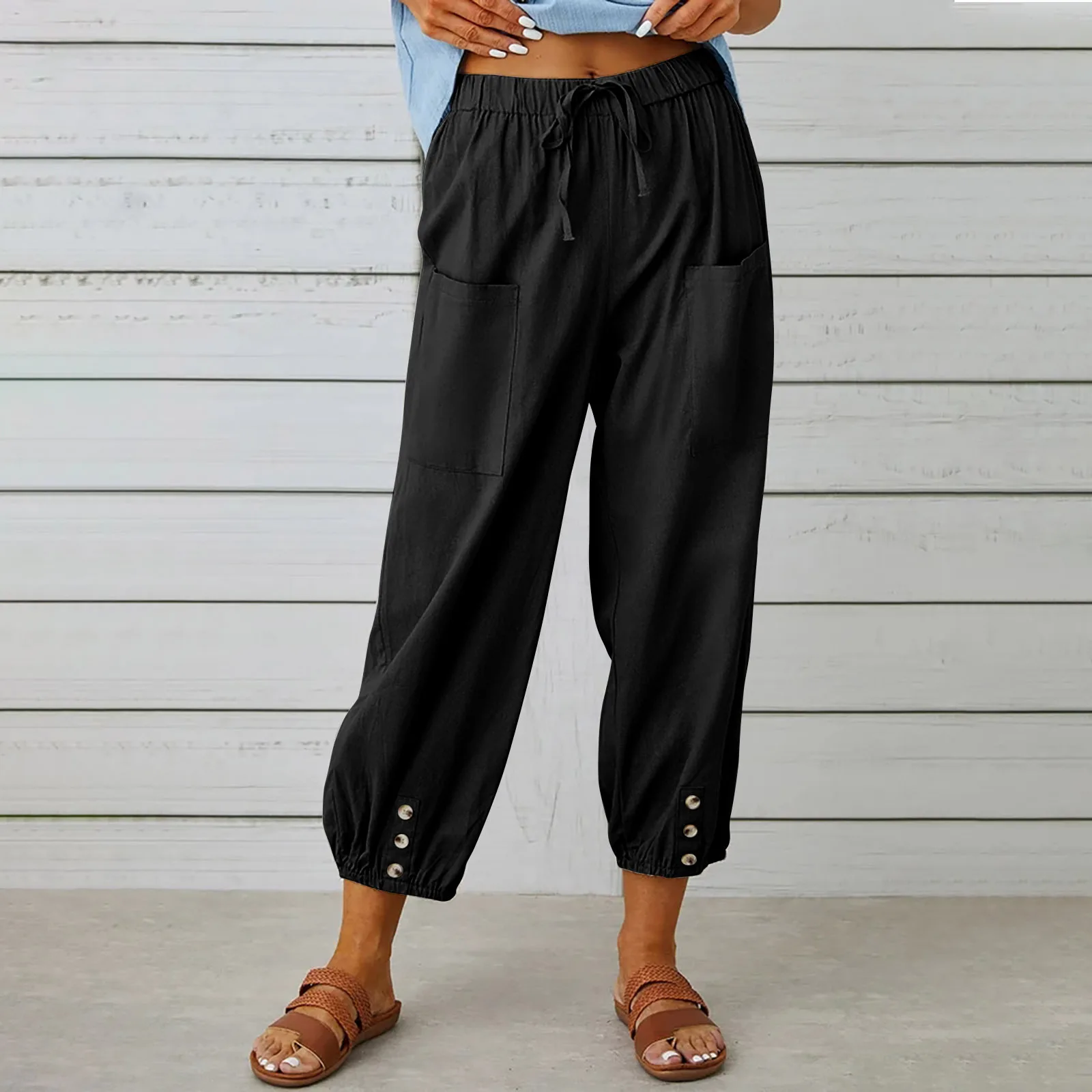 New Loose Type High-waisted Buttoned Cotton Hemp Pants Nine-point Pants Wide Leg Women's Pants