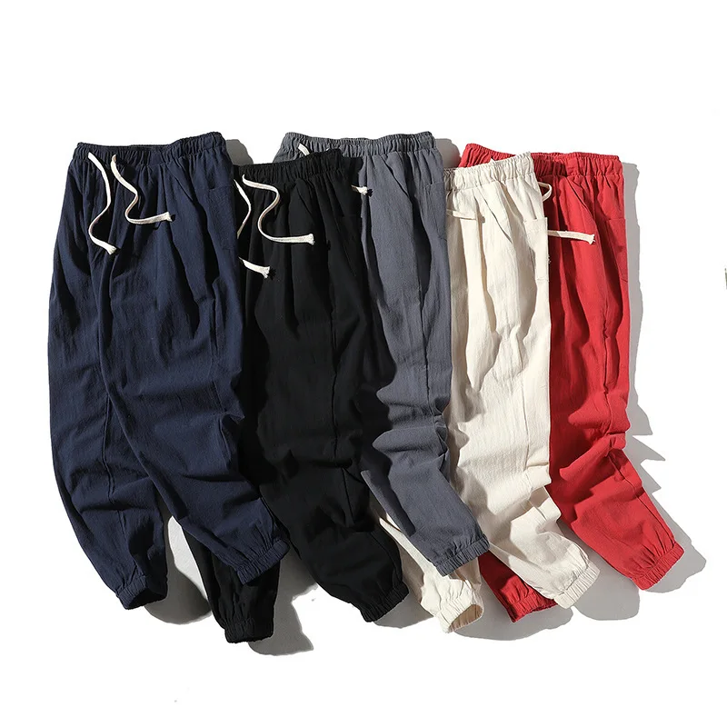 Mens Cotton Linen Summer Pants Elastic Waist Wide Leg