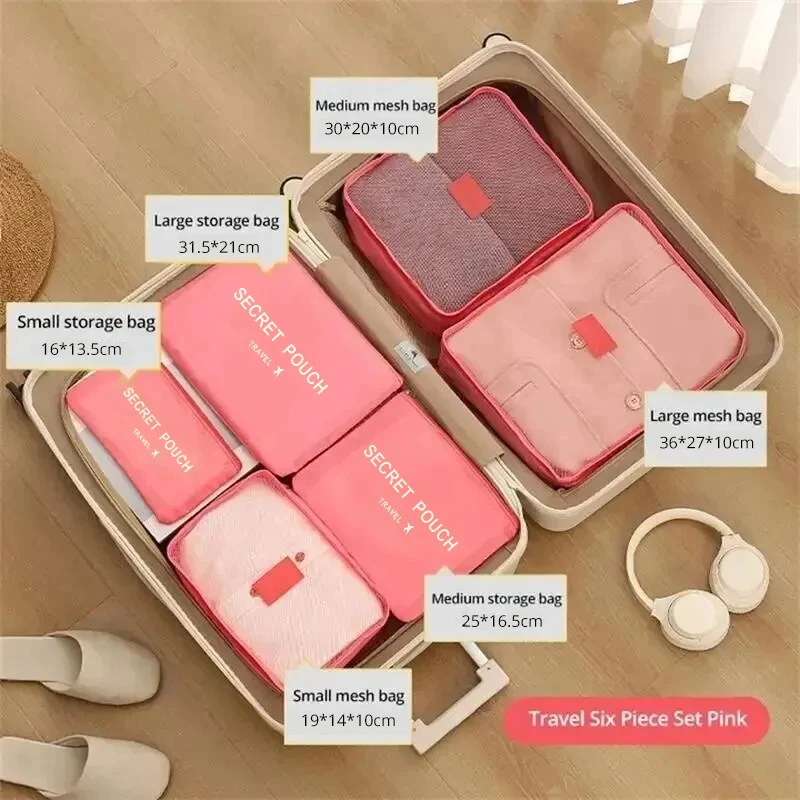 6-Piece Travel Storage Bag Set – Large-Capacity Waterproof Luggage Organizers for Clothing and Underwear, Available in Pink, Blue, and Grey, with Zipper Closure Bags & Storage Items Beach bags