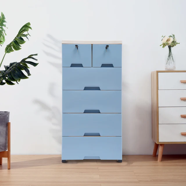 Pink & Blue Classic 6 Drawers Storage Cabinet W/4 Wheels Modern Plastic Drawer Dresser Multi-purpose Bedroom Closets Organizer 3