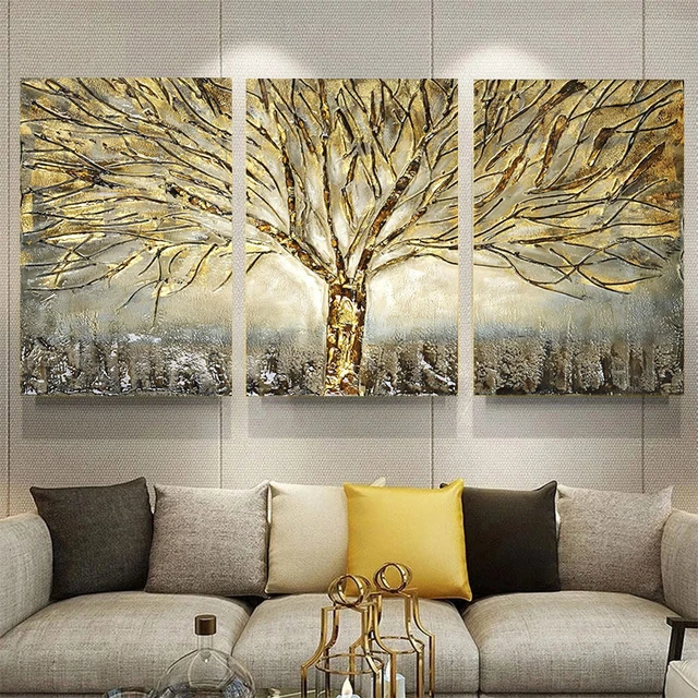 Árbol Dorado de la vida pintura al óleo sobre lienzo pared arte póster  impresiones, cuadros de pared abstractos nórdicos, sala de estar,  dormitorio, decoración del hogar - AliExpress