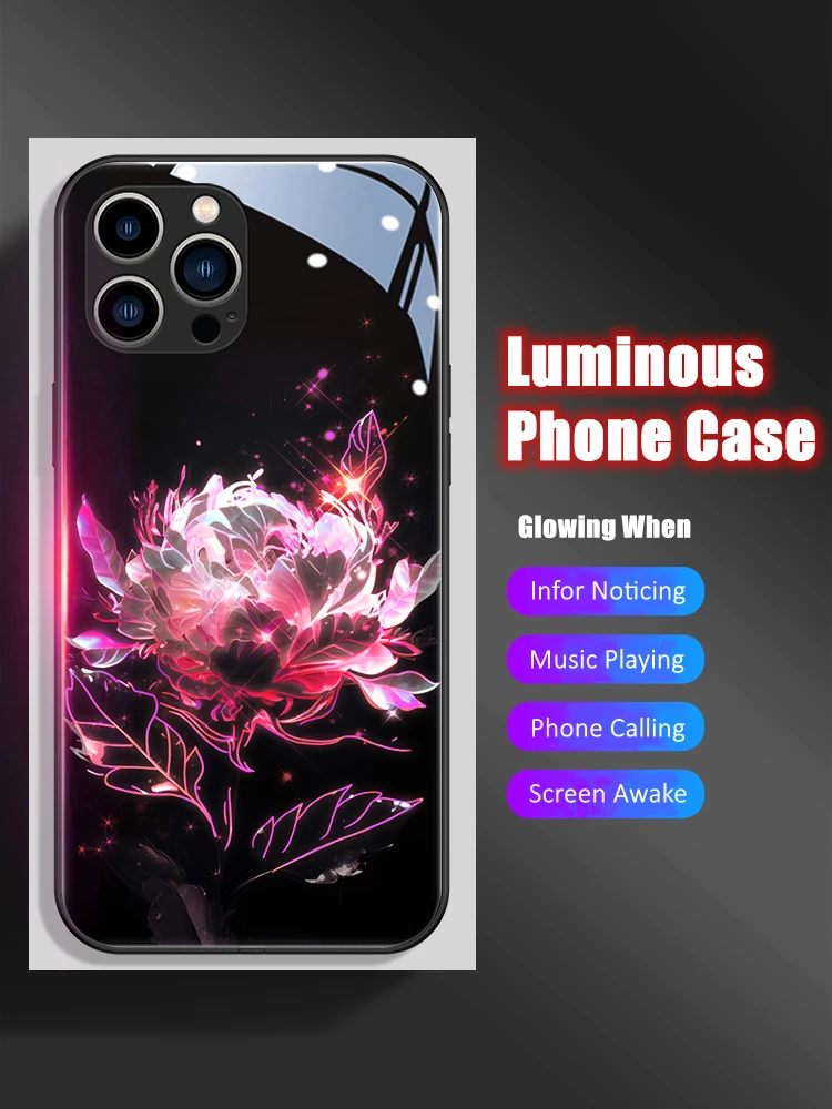 Peony Flower LED Light Glowing Luminous Phone Case Birthday Gift for Samsung S24 S22 S23 Note 10 20 A14 A54 A73 Plus Ultra