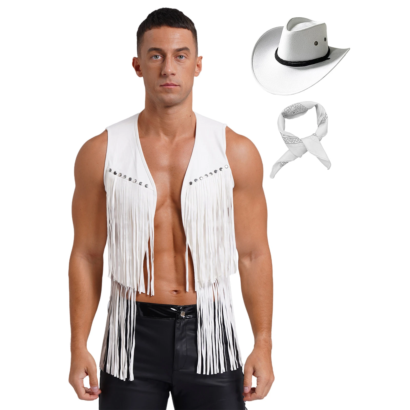 thumbnail image 1 of Conjunto de disfraz de vaquero occidental para hombre, para fiesta de Halloween, con remaches de borlas de gamuza sintética, chaleco steampunk con sombrero y pañuelo, 1 of 5