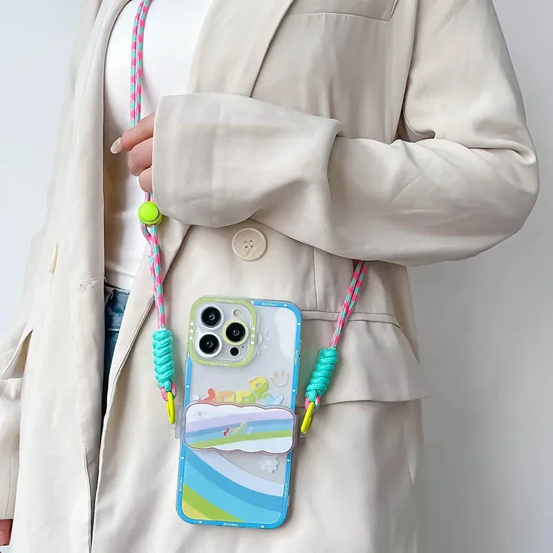Cute Flower Love Heart Crossbody Phone Case with Back Clip Lanyard and Chain Strap