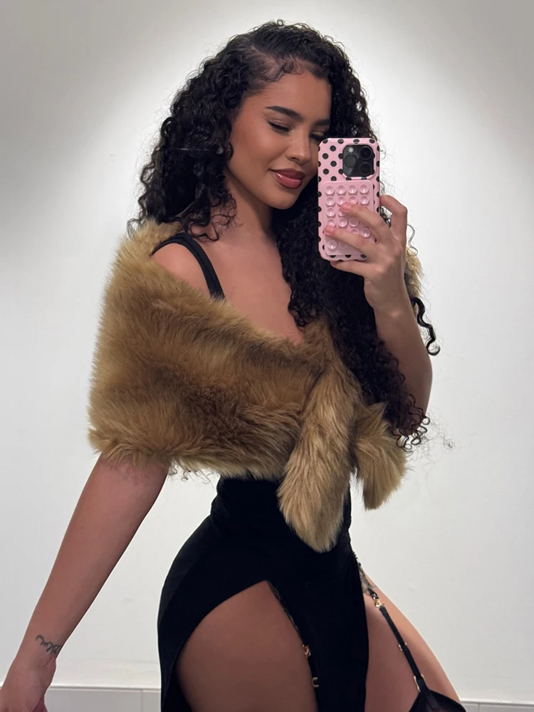 Nibber Fashion Wild Women Furs Shawl Hipster Luxury Slash Neck Knot Elegant Banquet Party Clubwear Midnight Soft Warm Crop Tops