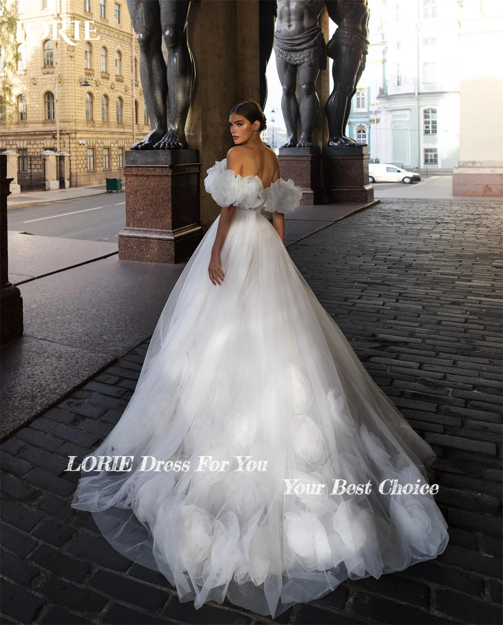 LORIE 3D Flowers Princess Wdding Dresses Ruched Off Shoulder A-Line Pleats Bridal Gowns Backless Train Bride Dress  Customized 4