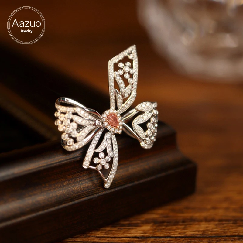 Aazuo Natrual Pink & White Diamonds 18K White Gold Butterfly Rings Upscale Trendy Senior Party Senior Customize  Fine Jewelry high quality size 20 5 15 5cm pink jewelry display box rings earrings bracelets necklaces or other ornaments storage organizer