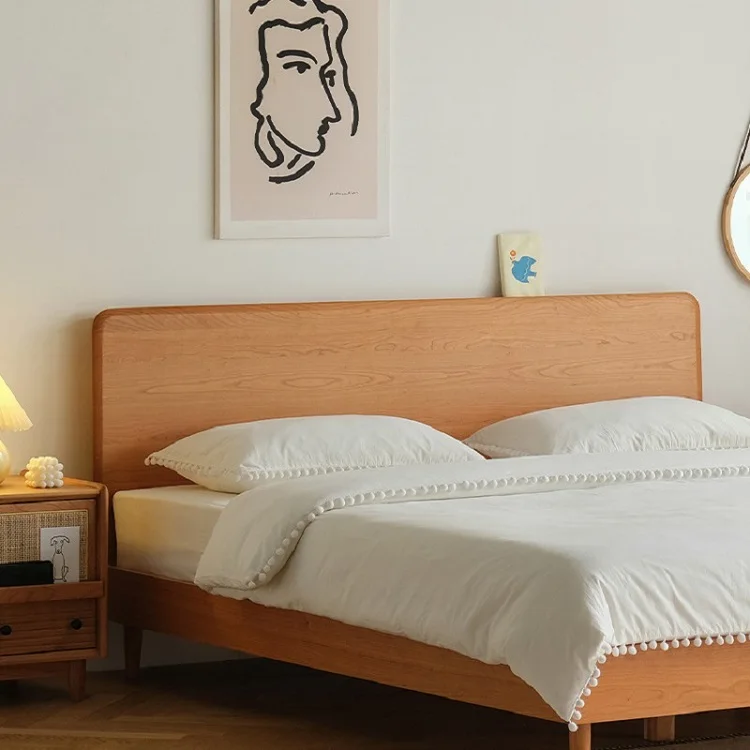 thumbnail image 1 of Cama doble de madera maciza para el hogar, dormitorio nórdico simple japonés, Hotel, 1 of 3