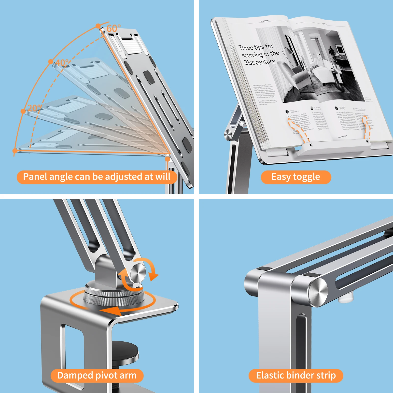 Clamp, Hightening Suporte, Book Bracket, Altura Ajustável, Desktop, Cama, Preguiçoso