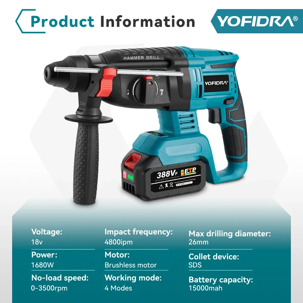 YOFIDRA 26MM Brushless Electric Hammer Drill Multifunctional Rotary Cordless Rechargeable Power Tools For Makita 18V Battery 2