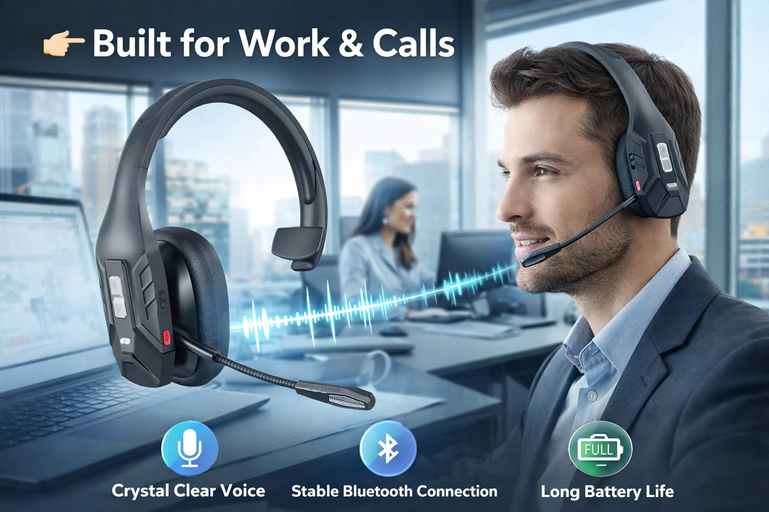 Trucker Bluetooth Headset,Wireless Headset with Mic, Call Center Headset,Bluetooth Headsets with Dual Noise Cancelling - Imagen 2