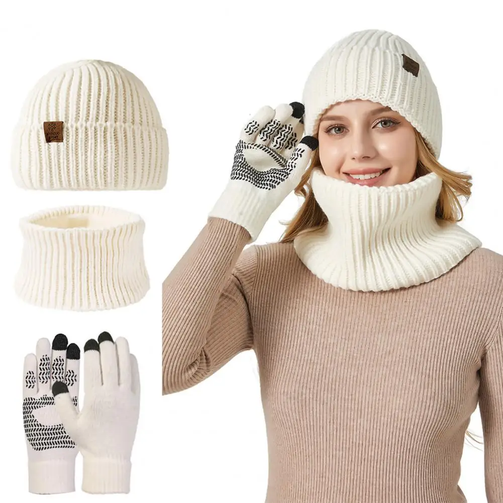 цена Knitted Hat Scarf Gloves Set 3pcs Unisex Winter Beanie Long Touch Screen Solid Color Knit Neck Warmer Mittens Hemming Fleece