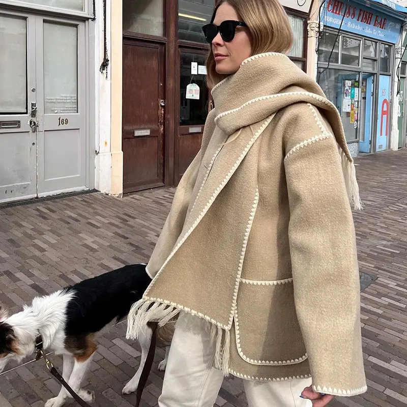 thumbnail image 1 of HH TRAF Abrigo de invierno para mujer, abrigo de botonadura sencilla en contraste con bufanda con borlas, chaqueta holgada de manga larga, tops casuales elegantes, 1 of 5