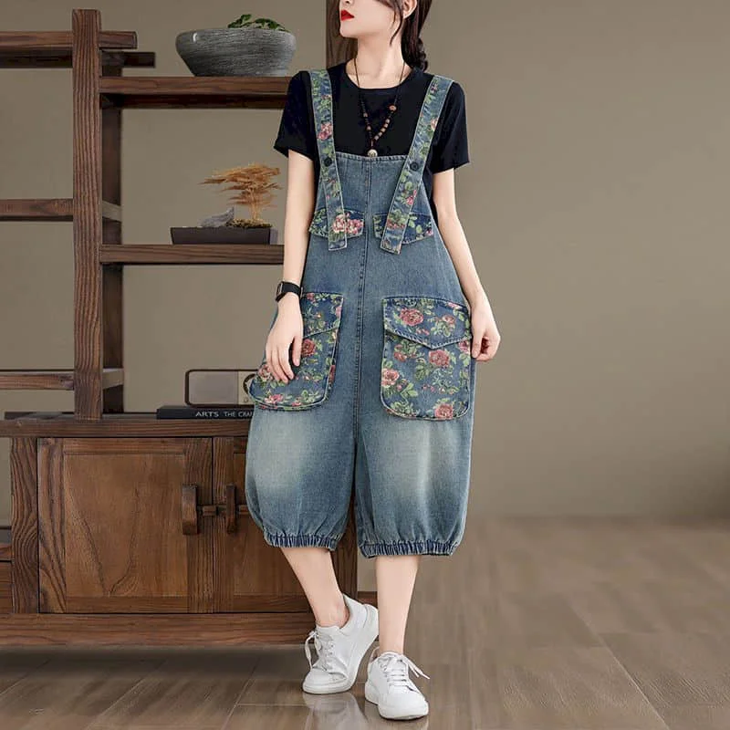

Женский джинсовый комбинезон, винтажный цельный костюм в Корейском стиле, повседневные укороченные комбинезоны с принтом, джинсы-фонарики, Летняя женская одежда