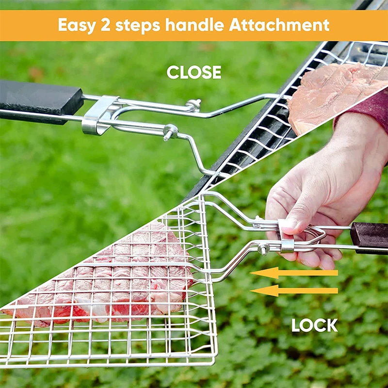 LMETJMA Foldable Grill Basket Portable Stainless Steel BBQ Barbecue Grilling Basket With Removable Handle Steak Fish JT59