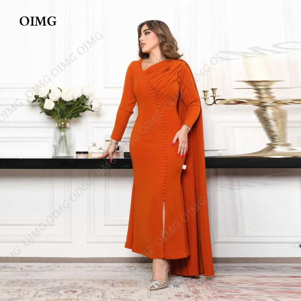 

OIMG Prom Dress Orange‘ Button Full Sleeves Mermaid High Quality Satin Prom Dress Short Custom vestidos de fiesta de noche