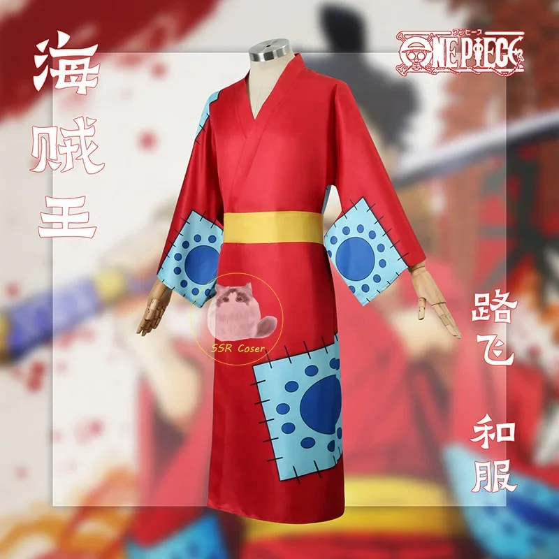 Anime Luffy Cosplay Costume Wano Country Monkey D. Luffy Cosplay Kimono for Man Adults Red Cardigan Hat Halloween Costumes