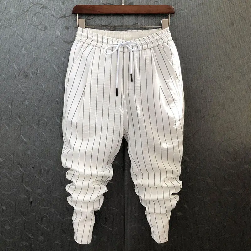 Men Trousers Summer Korean Fashion Casual High Waisted Pocket Stripe Elastic Slim Fitting Leggings Cropped Pants