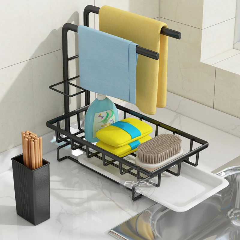 Kitchen Sink Organizer Sponge Holder with Towel Rack Countertop Sponge Brush  Soap Dish Rack Drainer Sink Tray with Drain Pan