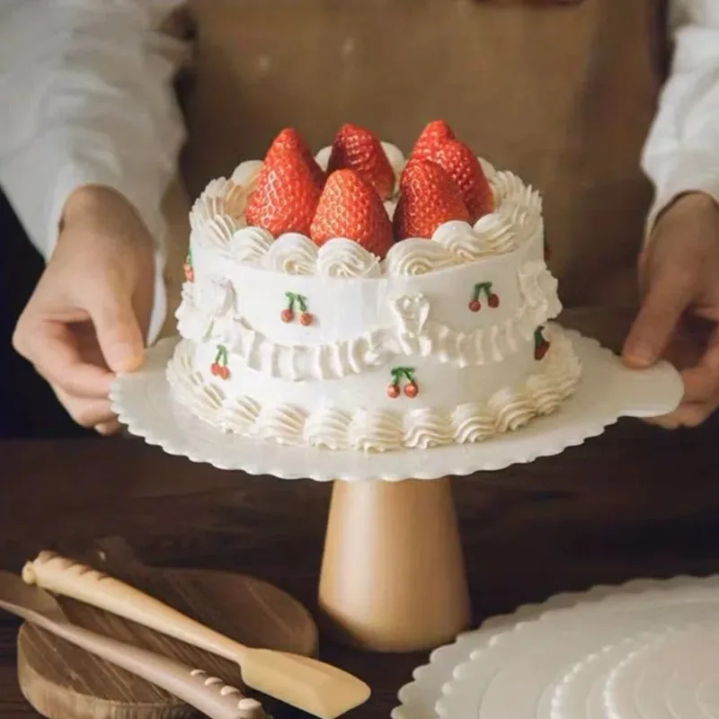 Round Cake Serving Board with Handle Reusable Plastic Base for Mousse Cakes Cheesecakes Non-Slip Grip for Secure Transport