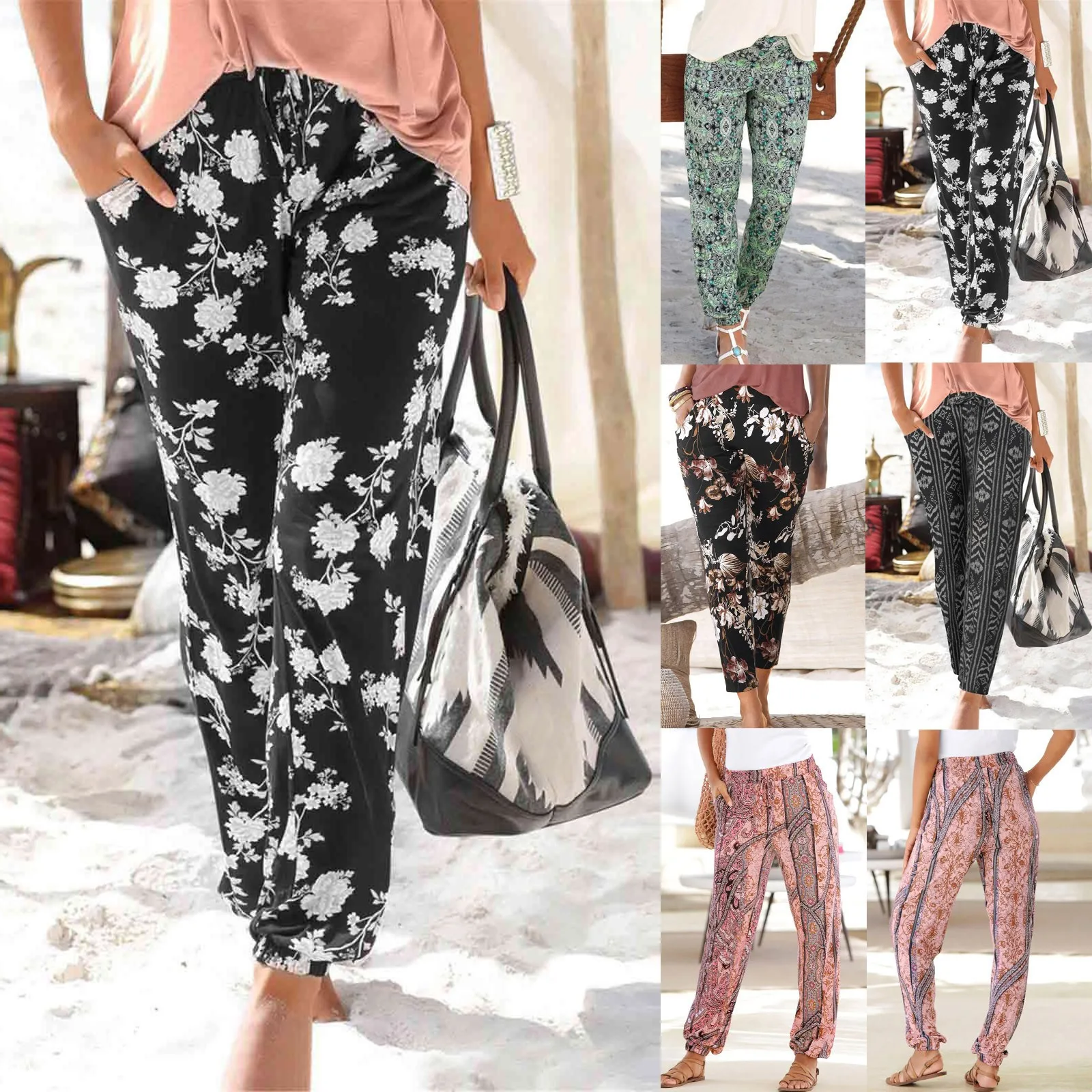 

Female Plus Size Bohemian Pants Women Floral Print Mid Waist Vintage Long Pants Elastic Waist Summer 2023 Streetwear Trousers