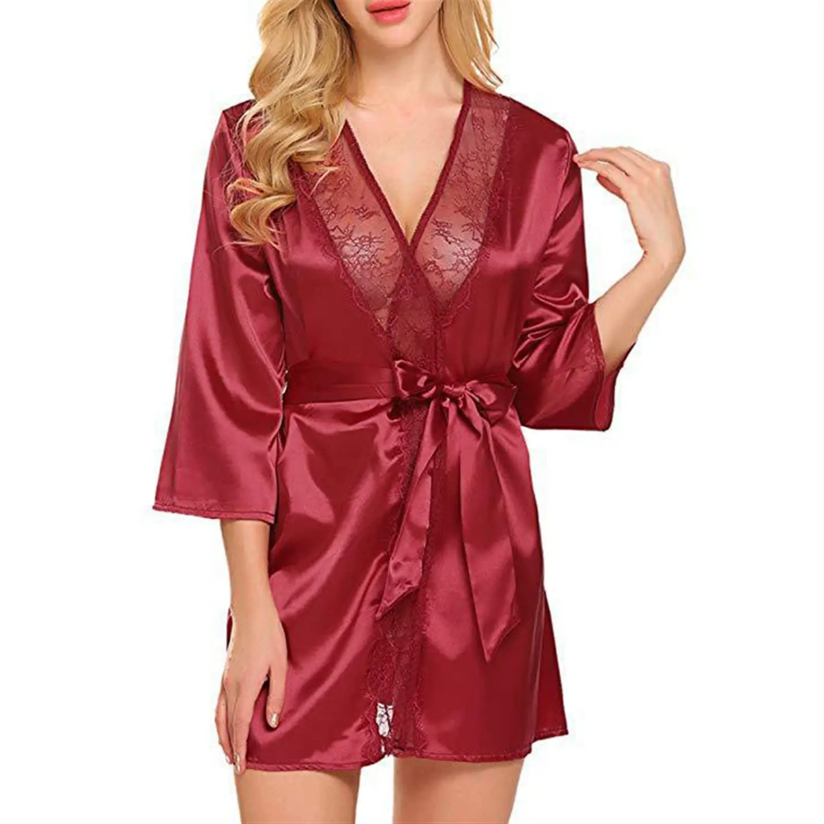Women's Sexy Satin Solid Color Robe Lace Trim Kimono Nightgown Deep V Neck Lingerie Pajamas Bathrobe Sexy Sleepwear of Women 5
