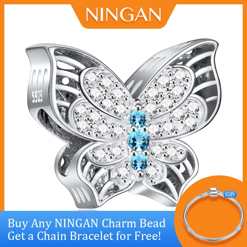 

NINGAN 925 Sterling Silver Butterfly Charm Beads Shiny Zircon Beads for Bracelet Bangle Fine Jewelry Birthday Gift