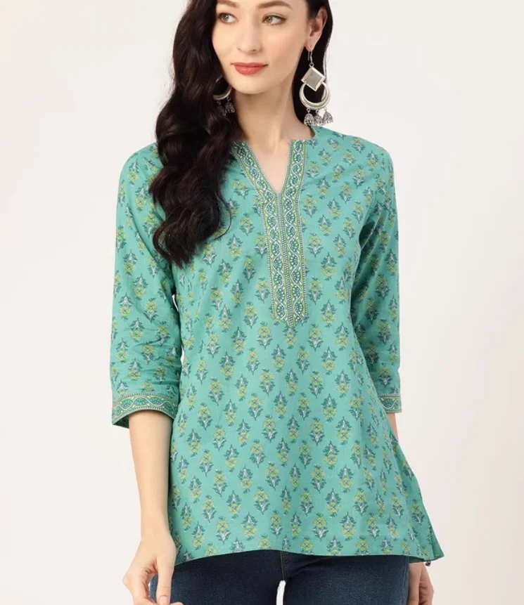 Indian women's Pure Cotton Printed Short Seven Quarter Sleeve V-neck Kuta