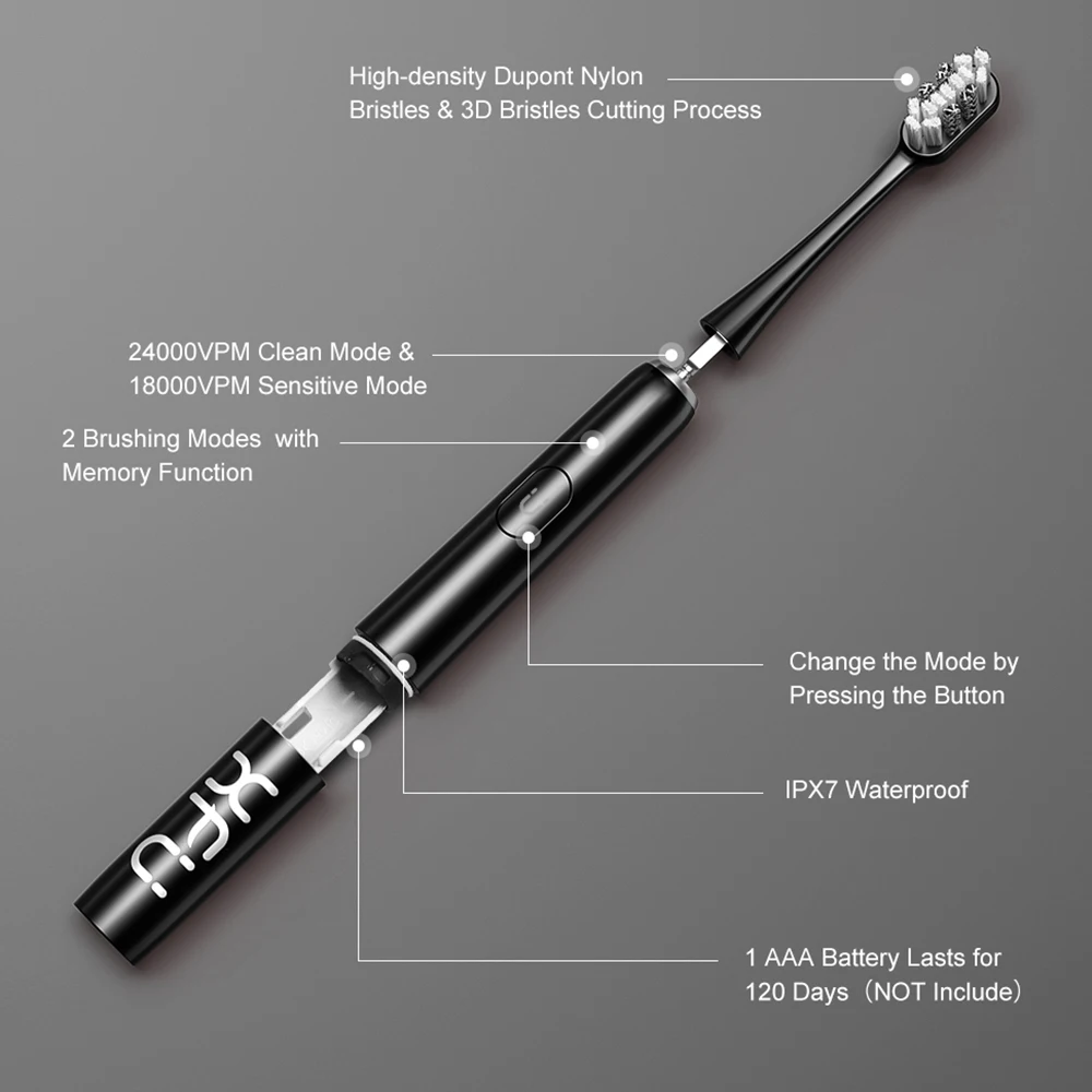 Portable Electric Toothbrush with 3 Pieces Replacement Brush Heads 2 Minute Auto-timer Waterproof IPX7 Black Red For Gifts