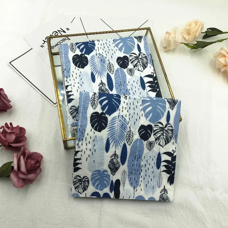 10/20pcs/Bag Colourful Printed Napkins Blue Leaves Creative Square Folding Facial Napkins Restaurant Party Baking Mouthcloths