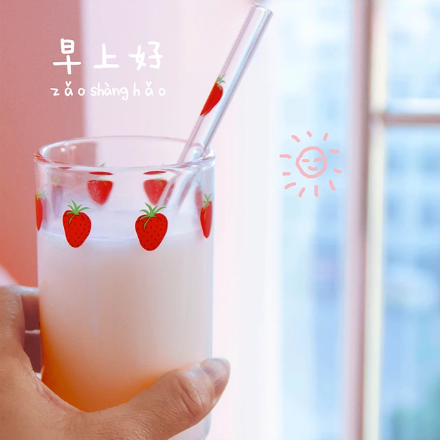 Strawberry Glass Mug with Straw Creative Drinking Cup with Lid High  Borosilicate Clear Glass Water Cup Household Milk Juice Cups - AliExpress