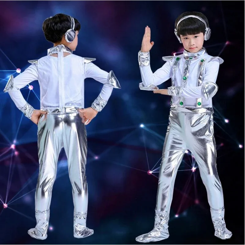 Kids Robot Costume White Silver Astronaut Performance Space Stage Dance Show Time Clothing Unisex Dance Clothes Boy or Girl cosplay costume,kids girls dress