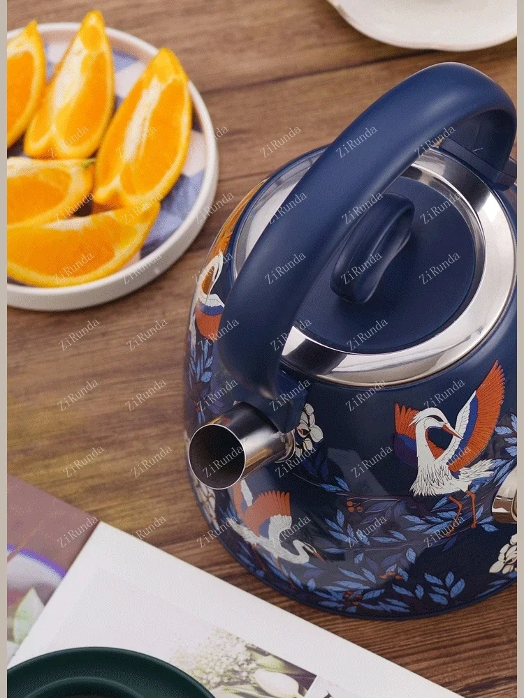 #T 1.7l Large Capacity 304 Stainless Steel Vintage Crane Printing Electric Kettle Boiling Water Blue 5