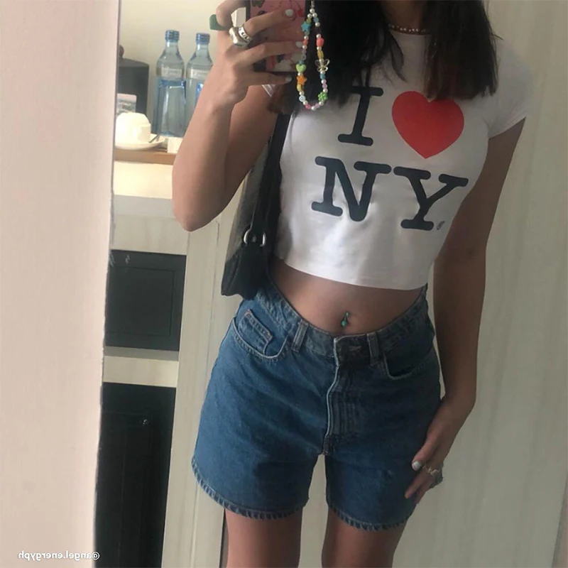 

I Love New Year Ny Funny Love Heart Printed Cropped Tops for Women Causal Baby Tee Streetwear Y2k Fashion Clothes Dropshipping