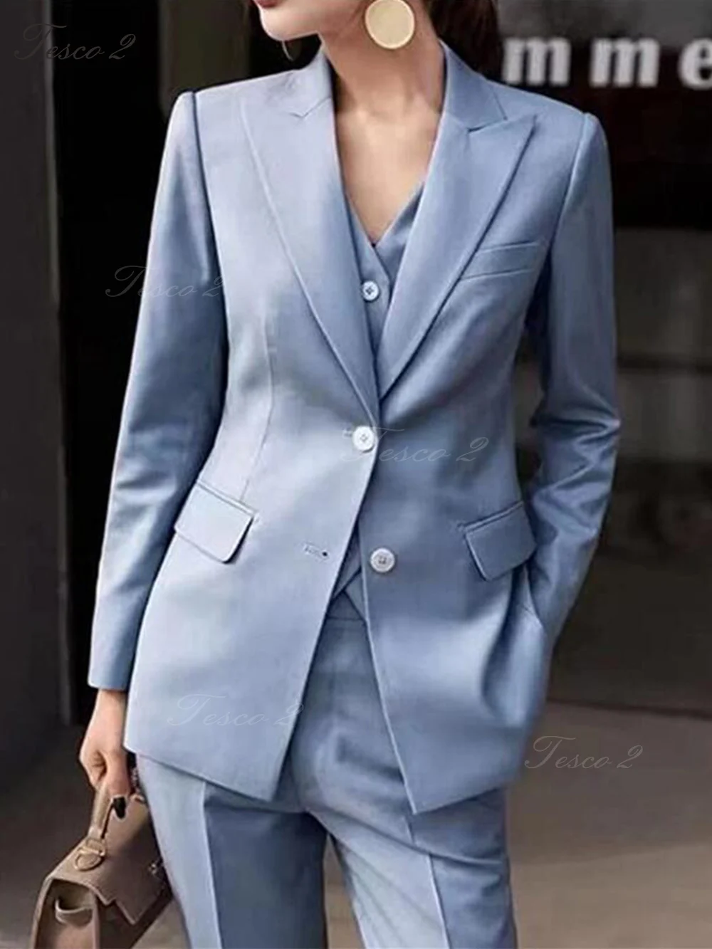 3 Pcs Women PantSuits For Women Peak Lapel Blazer Slim Fit Long Pants Vest  Officer Lady Trousers Suits