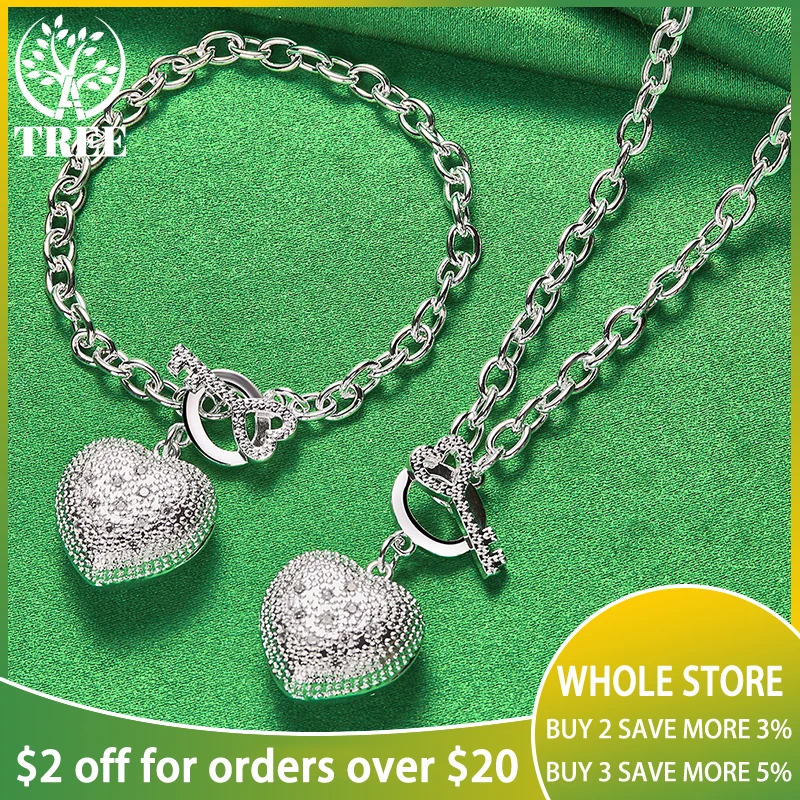 ALITREE 2pcs 925 Sterling Silver Fashion Heart/Key Zirconia Pendant Chain Necklace Bracelet Set For Women Lady Wedding Jewelry