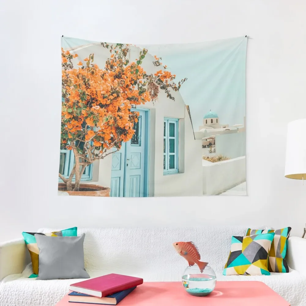 

Greece Airbnb, Greece Photography Travel Digital Art, Scenic Landscape Architecture, White Building Tapestry