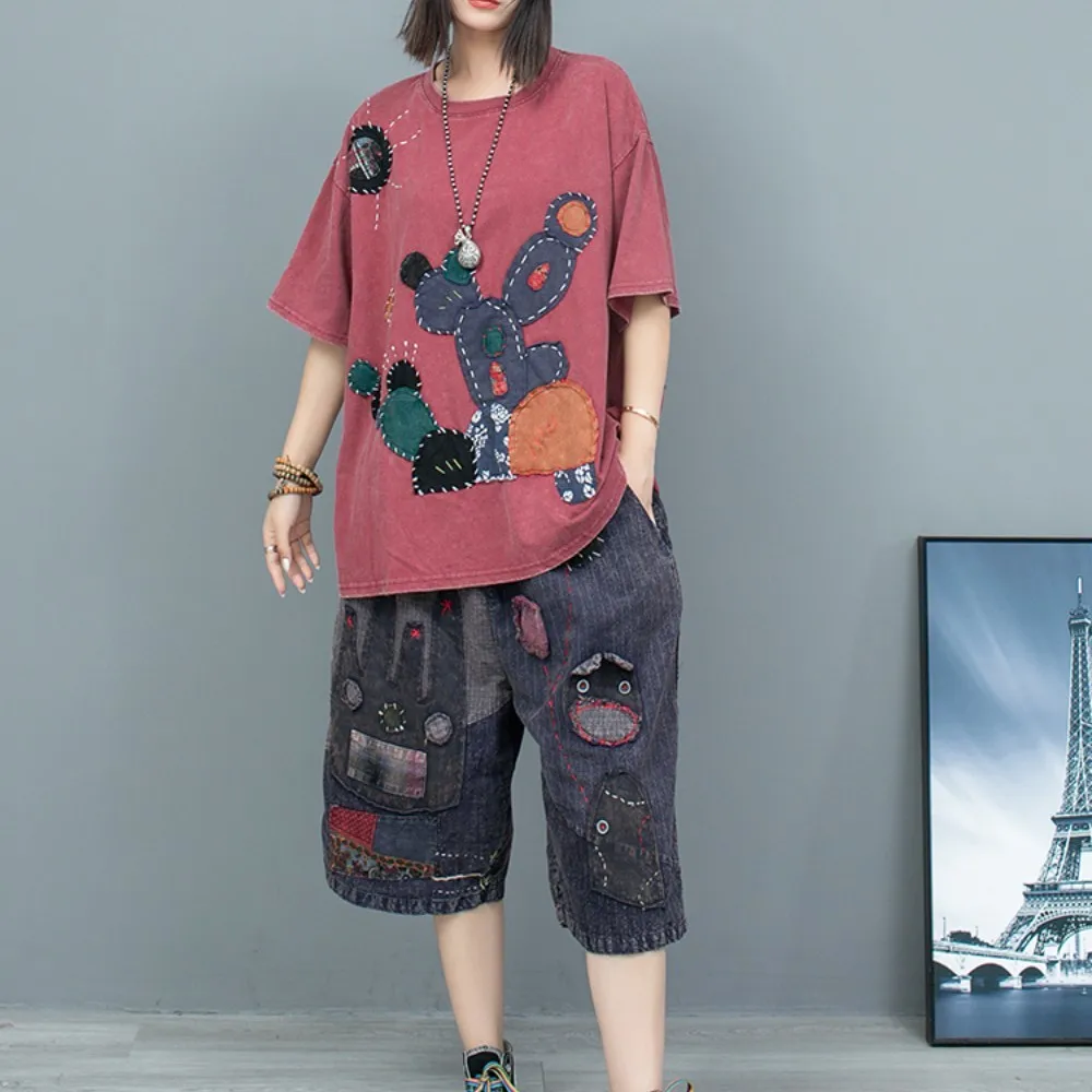 

2024 Summer Hand Embroidered Distressed Short Sleeved T-shirt + Cropped Pants Two-piece Set Women Matching Pant Set LX1043