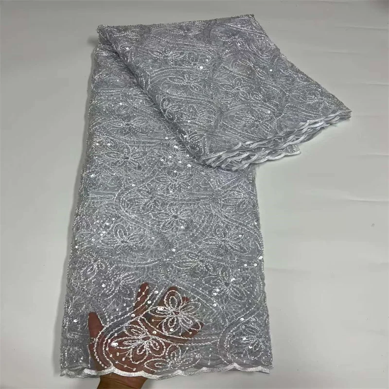 

2022 Latest African Sequins Lace Fabric Embroidery French Mesh Lace Fabric Groom With Sequin Nigerian Lace For Wedding Party Sew
