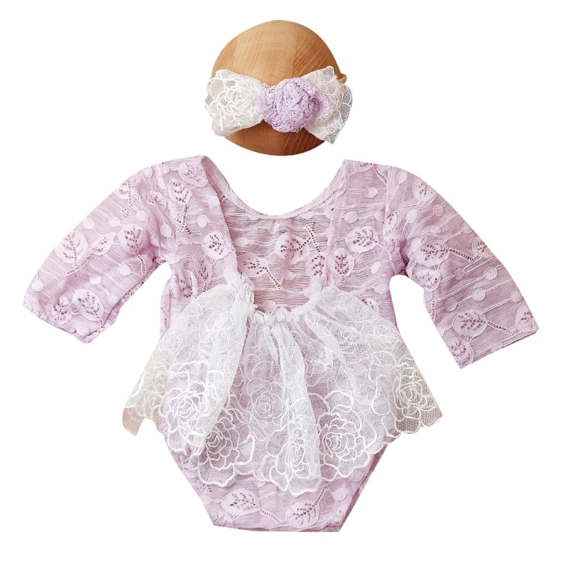 

Newborn Photo Props Bow Headwear & Backless Rompers 0-1M Baby Photo Posing Suit G99C